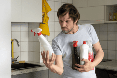 Cleaning Bottle Secrets Revealed Man Holding Cleaning Supplies